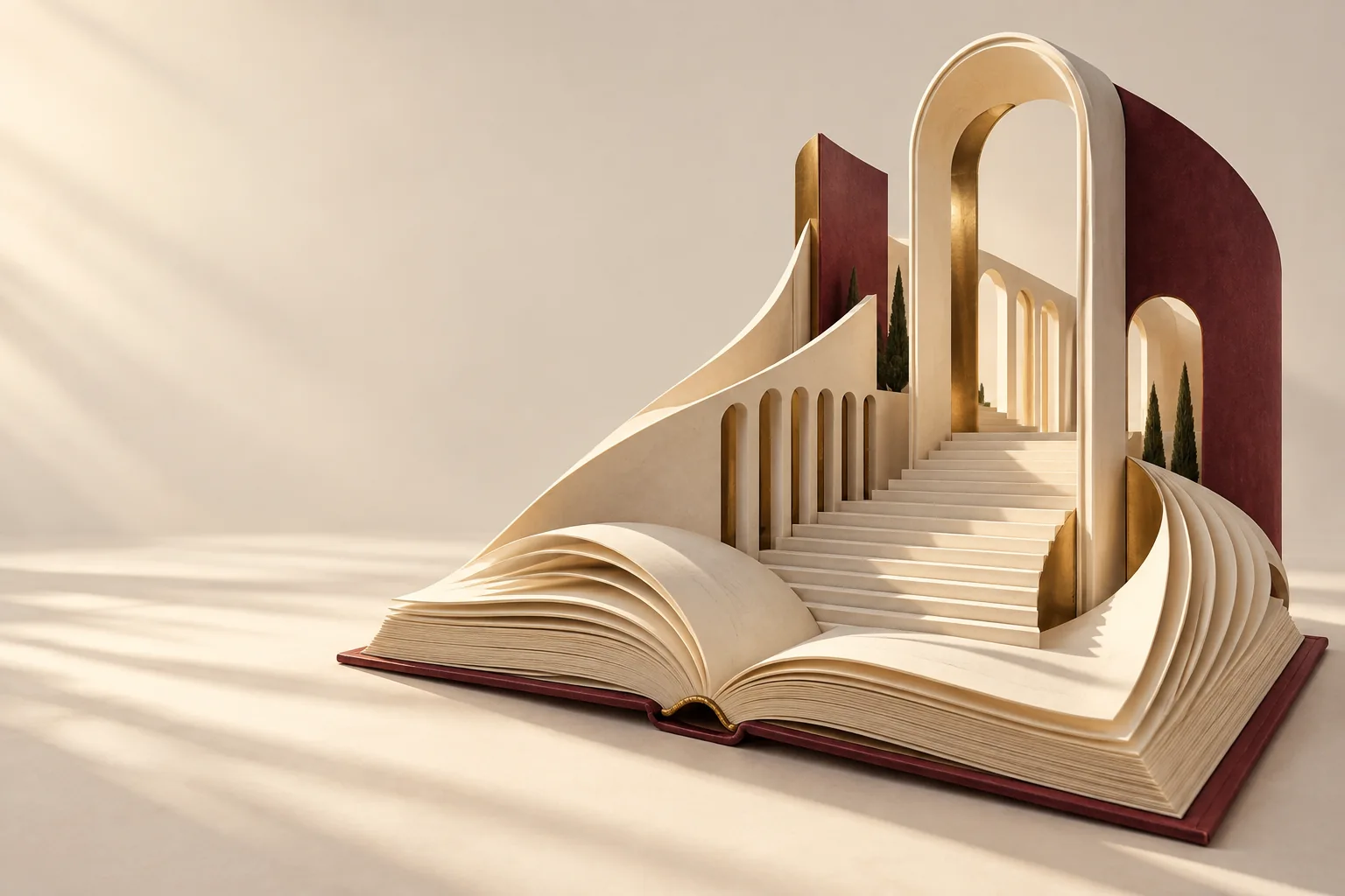 Ilustração conceitual: as páginas de um livro se transformam em arquitetura e caminhos abertos para o conhecimento.